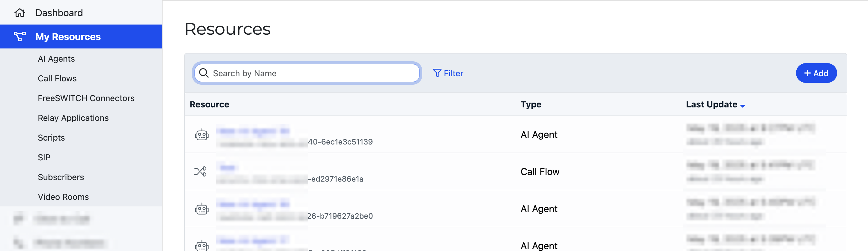 The Resources tab of the SignalWire Dashboard.
